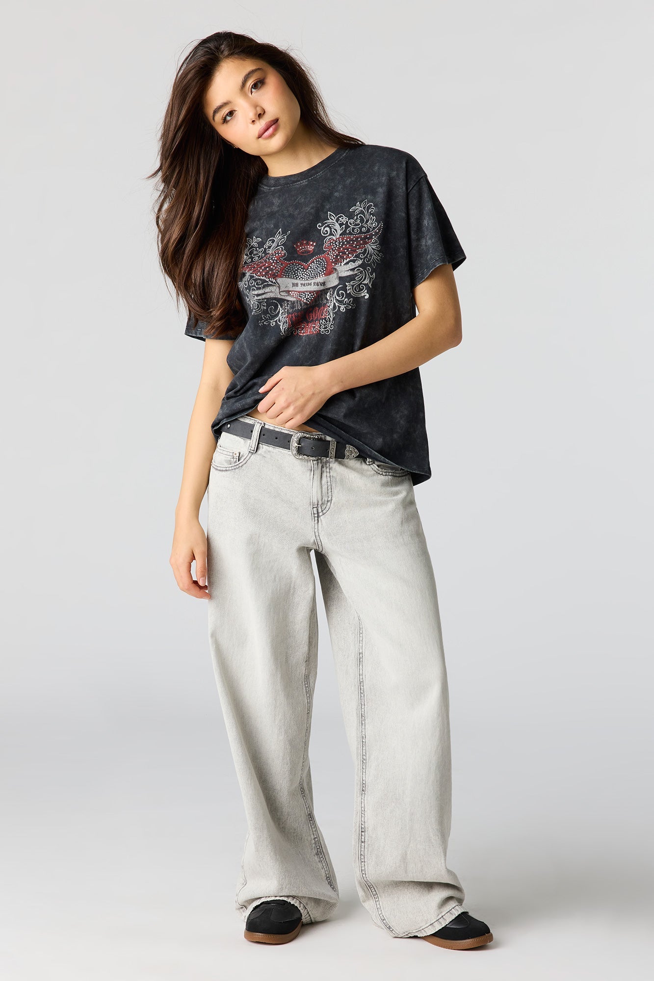 Rhinestone Graphic Washed Boyfriend T-Shirt