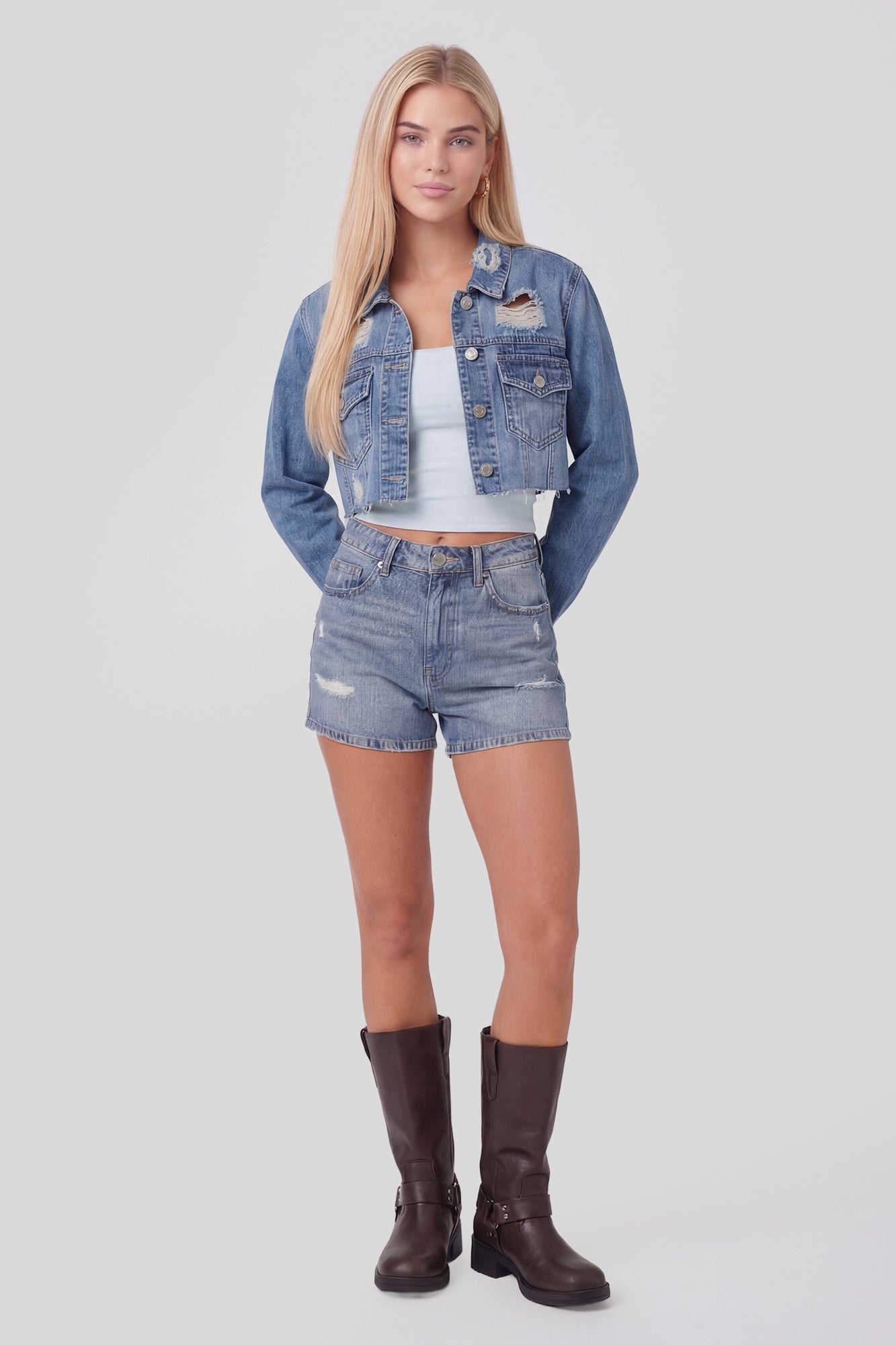 Ripped Cropped Denim Jacket
