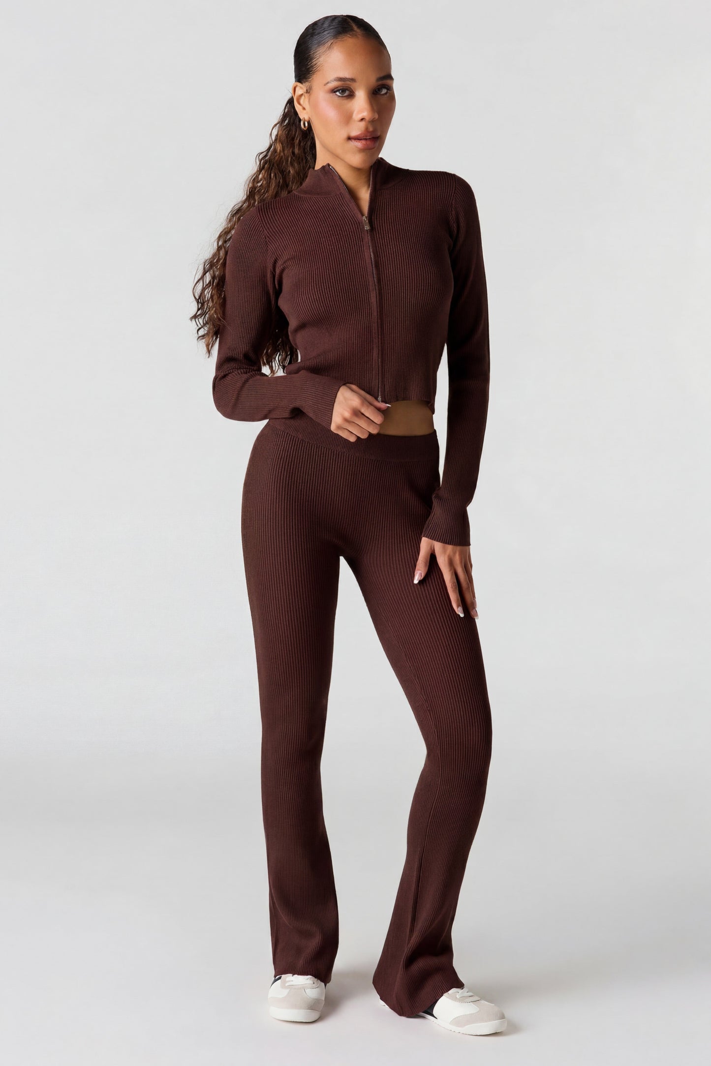 Ribbed 2-Way Zip-Up Long Sleeve Top