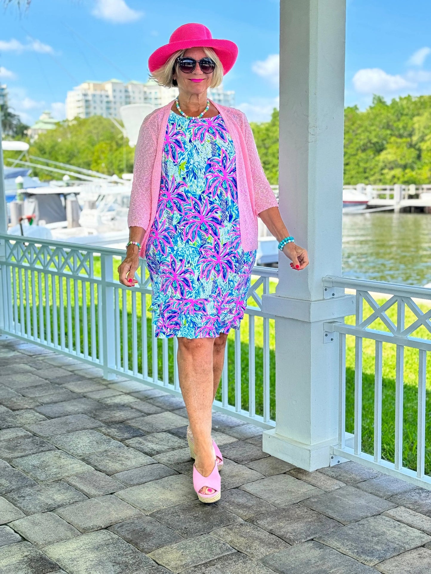 PINK PALM TREE SHIFT RUFFLE DRESS