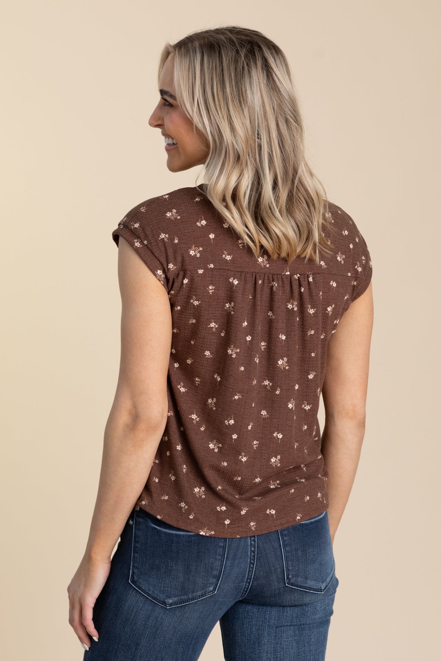 Brown Floral Button Up Knit Sleeve Top