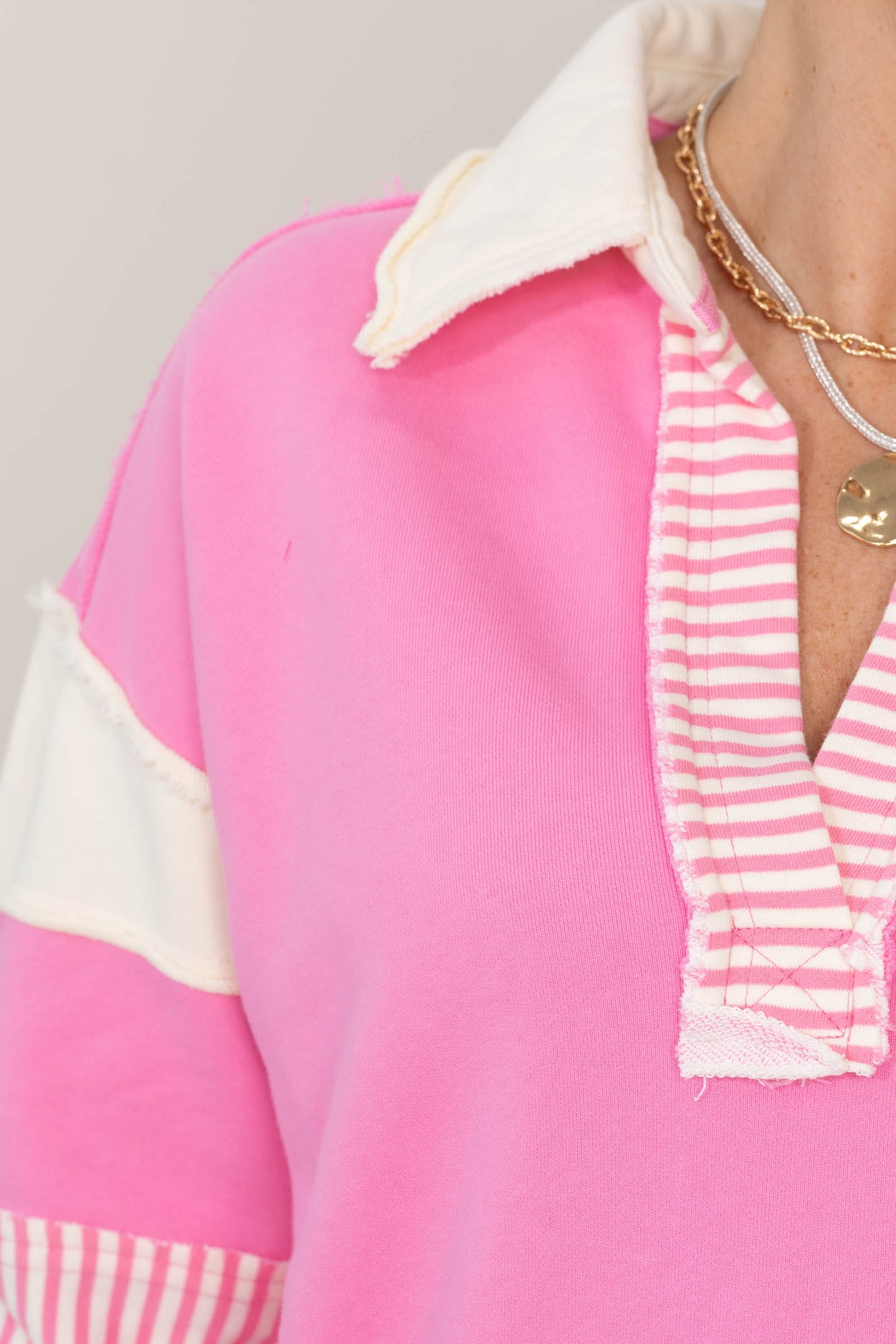 Bubble Gum Pink V-Neck Collared Knit Top