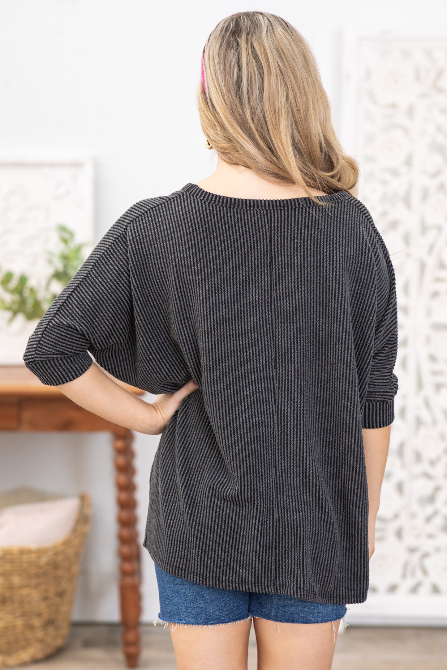 Charcoal Ribbed Dolman Sleeve V-Neck Top