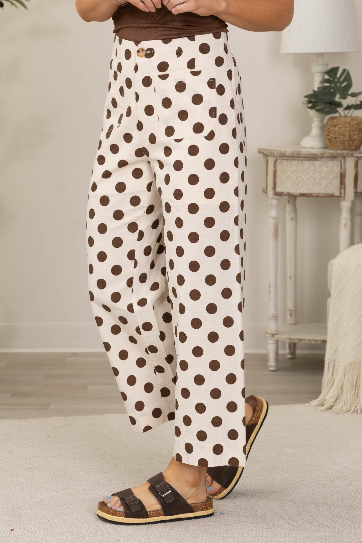 Brown Polka Dot Front Pocket Pants