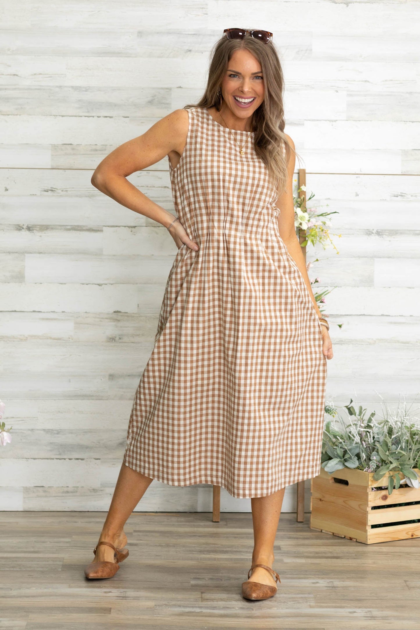 Brown Gingham Check Sleeveless Midi Dress