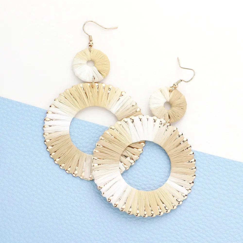 Raffia Wrapped Double Open Circle Link Dangle Earrings