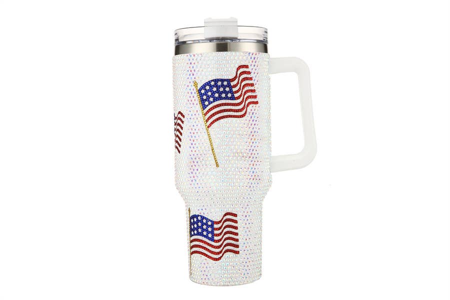 Rhinestone FLAG Themed WHITE Insulated Tumbler Cup