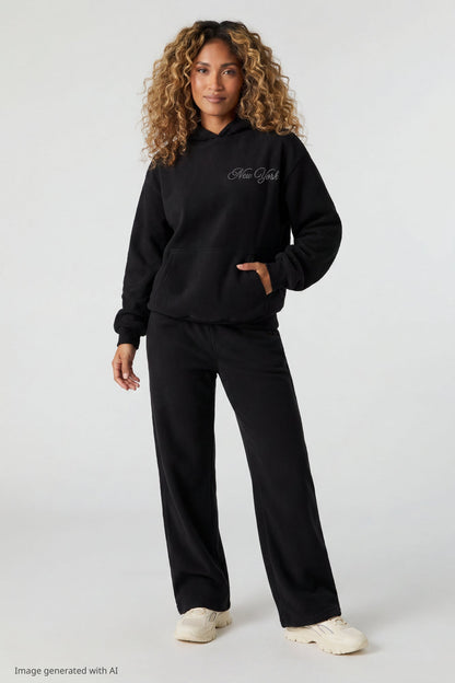 Fleece Rhinestone Wide Leg Sweatpant