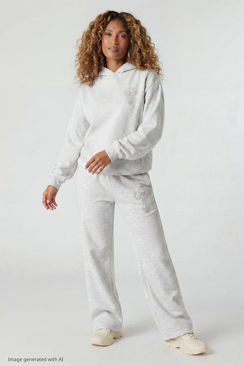 Fleece Rhinestone Wide Leg Sweatpant