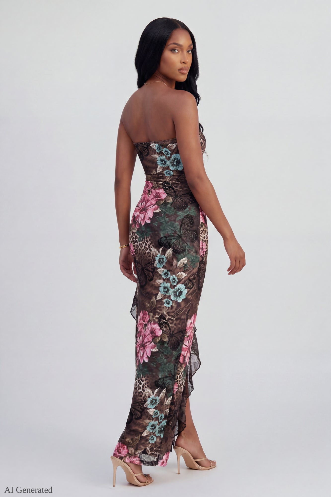 Lace Ruffle Strapless Maxi Dress