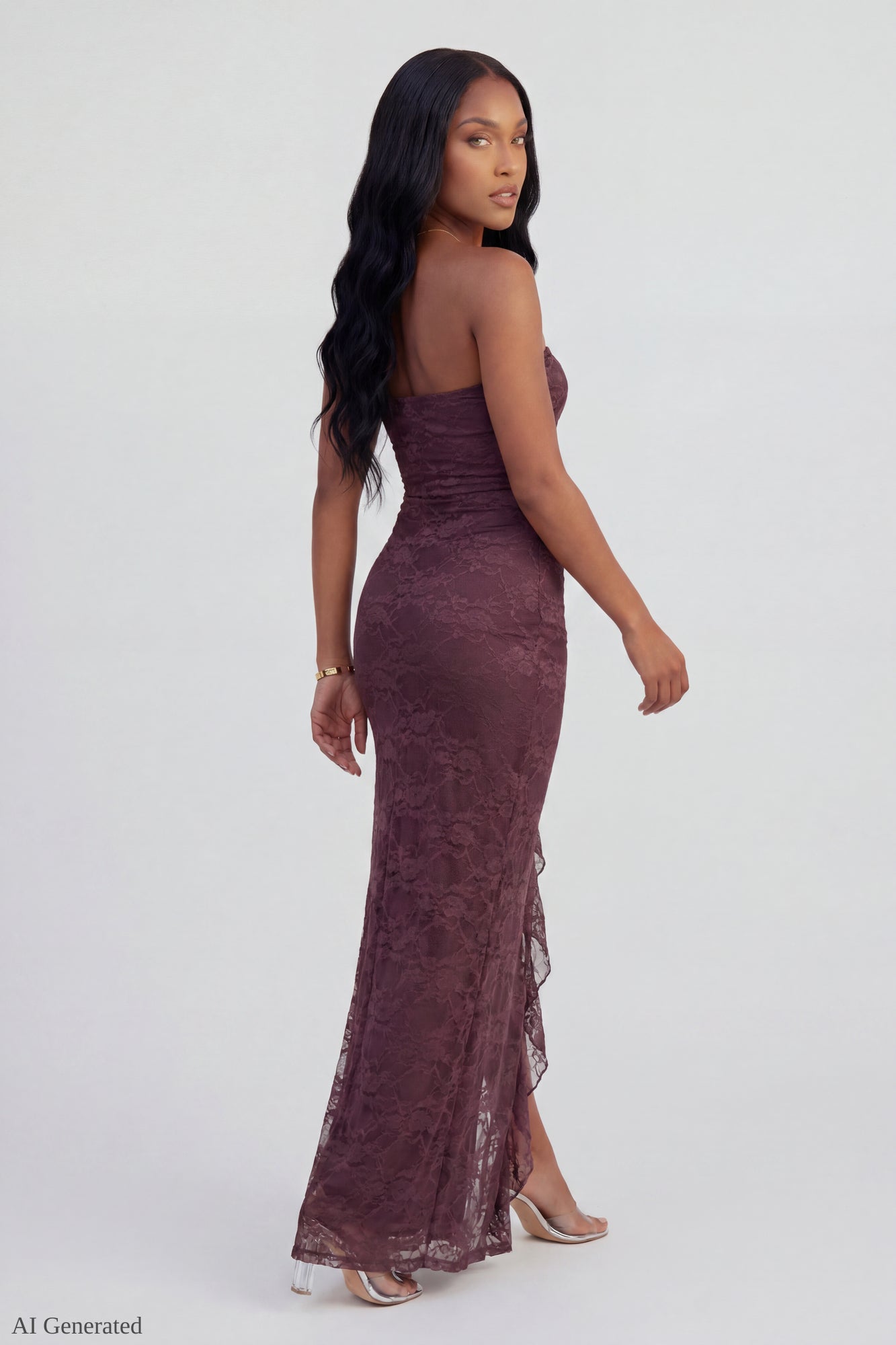 Lace Ruffle Strapless Maxi Dress