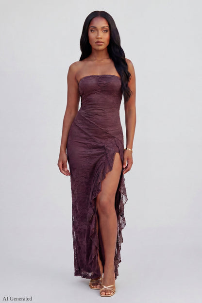 Lace Ruffle Strapless Maxi Dress
