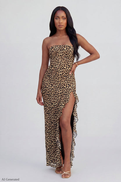Lace Ruffle Strapless Maxi Dress