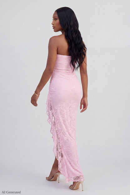Lace Ruffle Strapless Maxi Dress