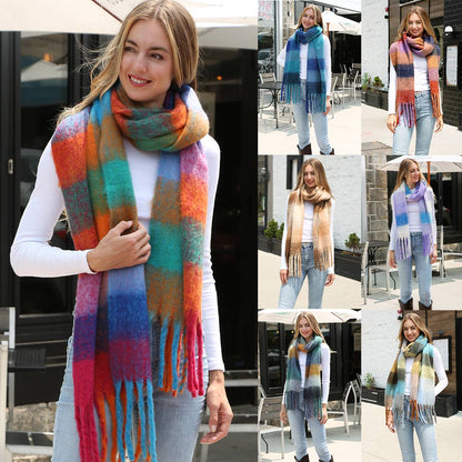 Multi-Color Plaid Oblong Scarf Shawl with Fringe