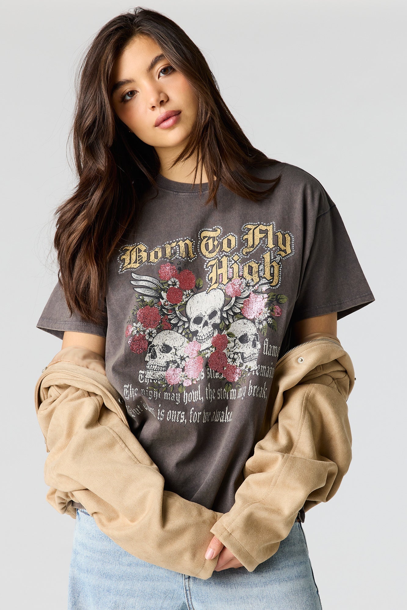 Rhinestone Graphic Washed Boyfriend T-Shirt