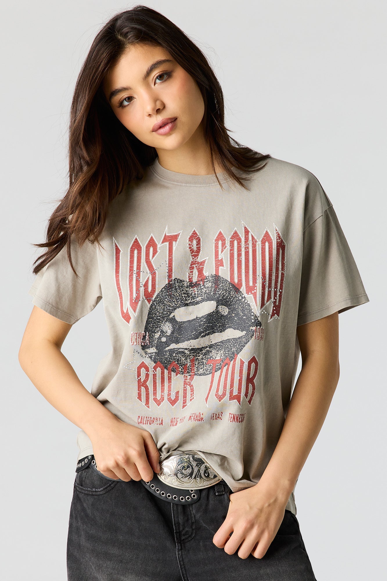 Rhinestone Graphic Washed Boyfriend T-Shirt