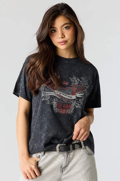 Rhinestone Graphic Washed Boyfriend T-Shirt