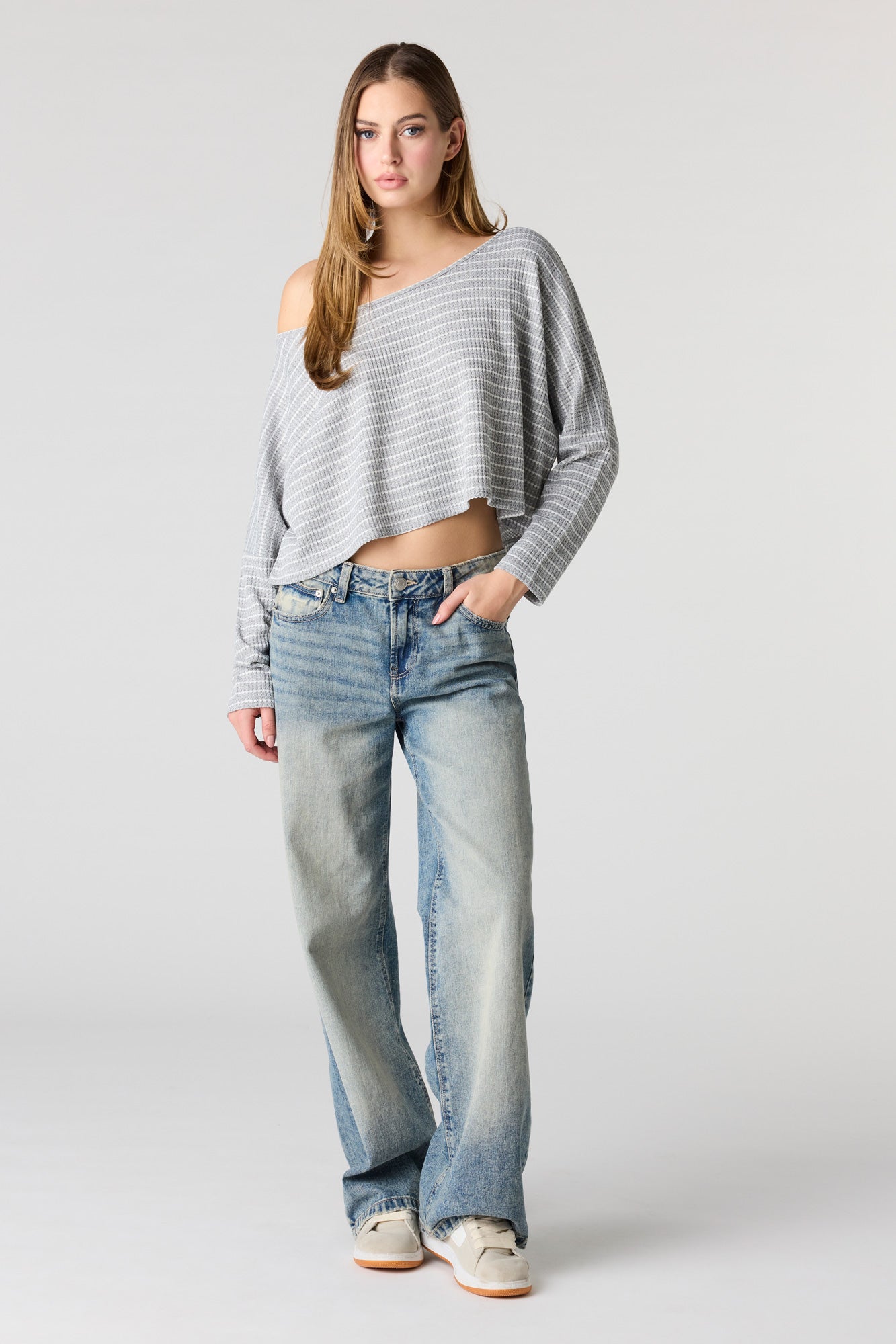 Textured Striped Off Shoulder Long Sleeve Top