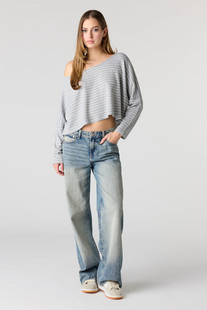 Textured Striped Off Shoulder Long Sleeve Top