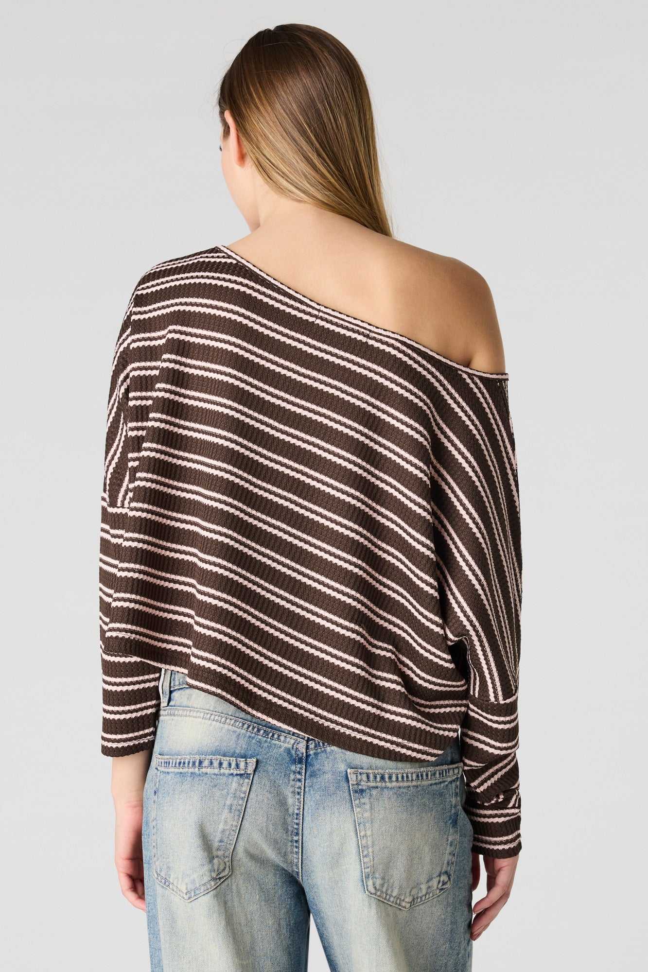 Textured Striped Off Shoulder Long Sleeve Top
