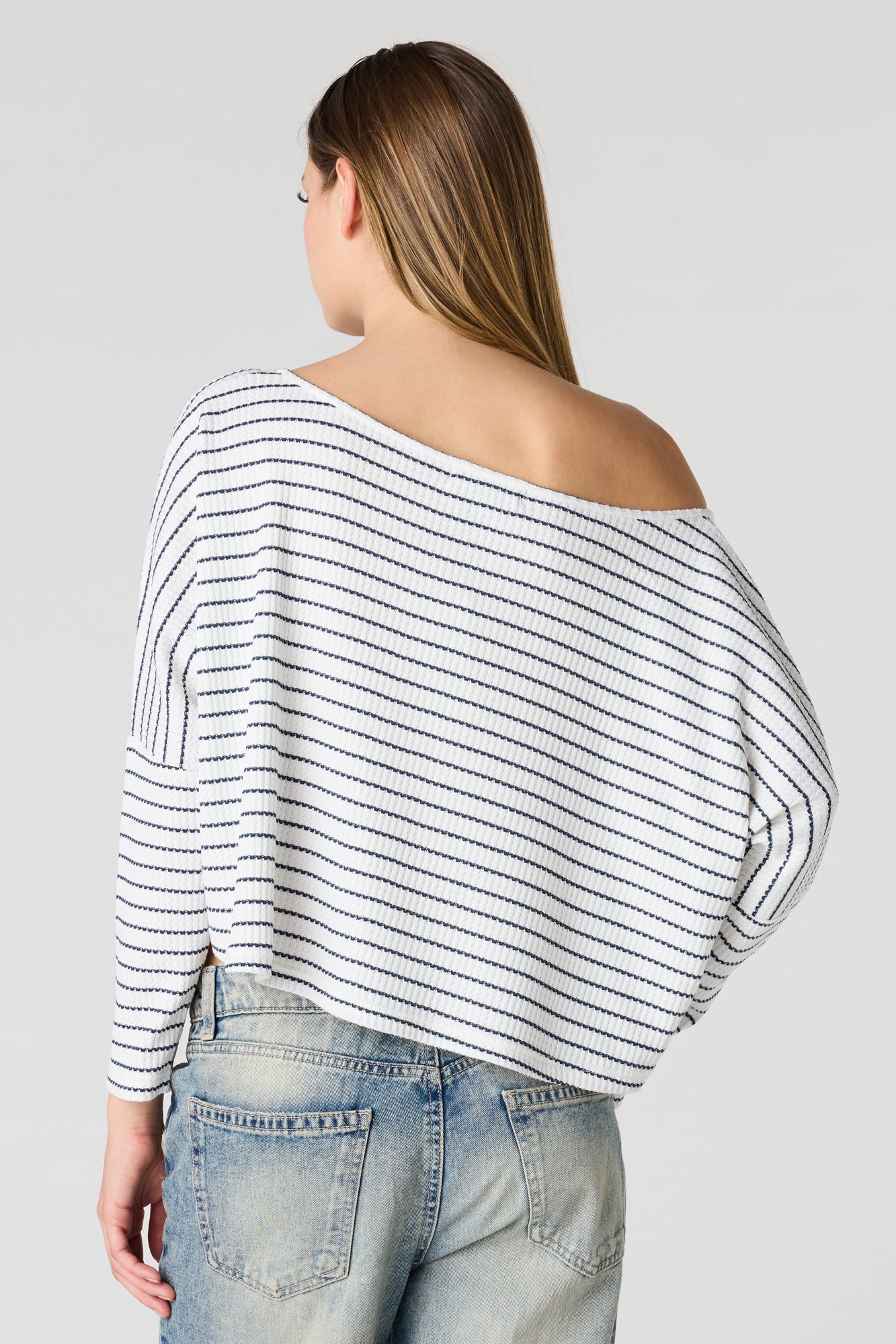 Textured Striped Off Shoulder Long Sleeve Top