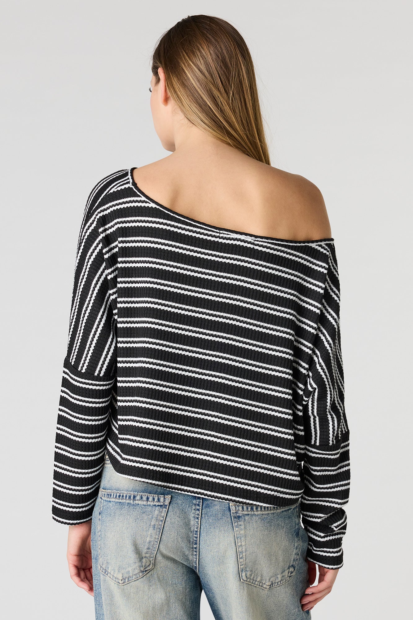 Textured Striped Off Shoulder Long Sleeve Top