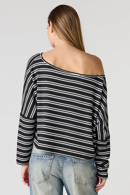 Textured Striped Off Shoulder Long Sleeve Top