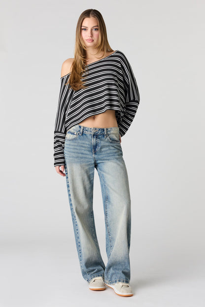 Textured Striped Off Shoulder Long Sleeve Top