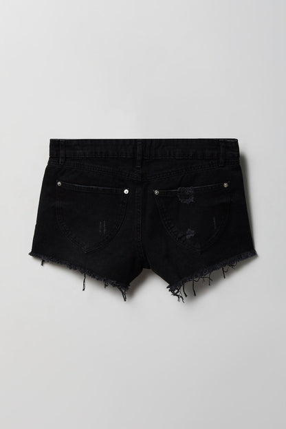 Ripped Low Rise Black Denim Short