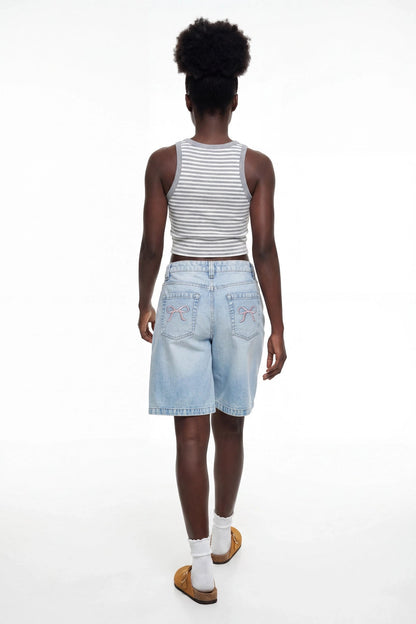 Brooklyn Low Rise Embroidered Baggy Denim Jort