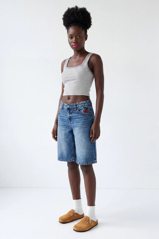 Brooklyn Low Rise Embroidered Baggy Denim Jort