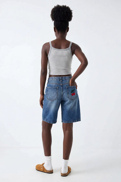 Brooklyn Low Rise Embroidered Baggy Denim Jort