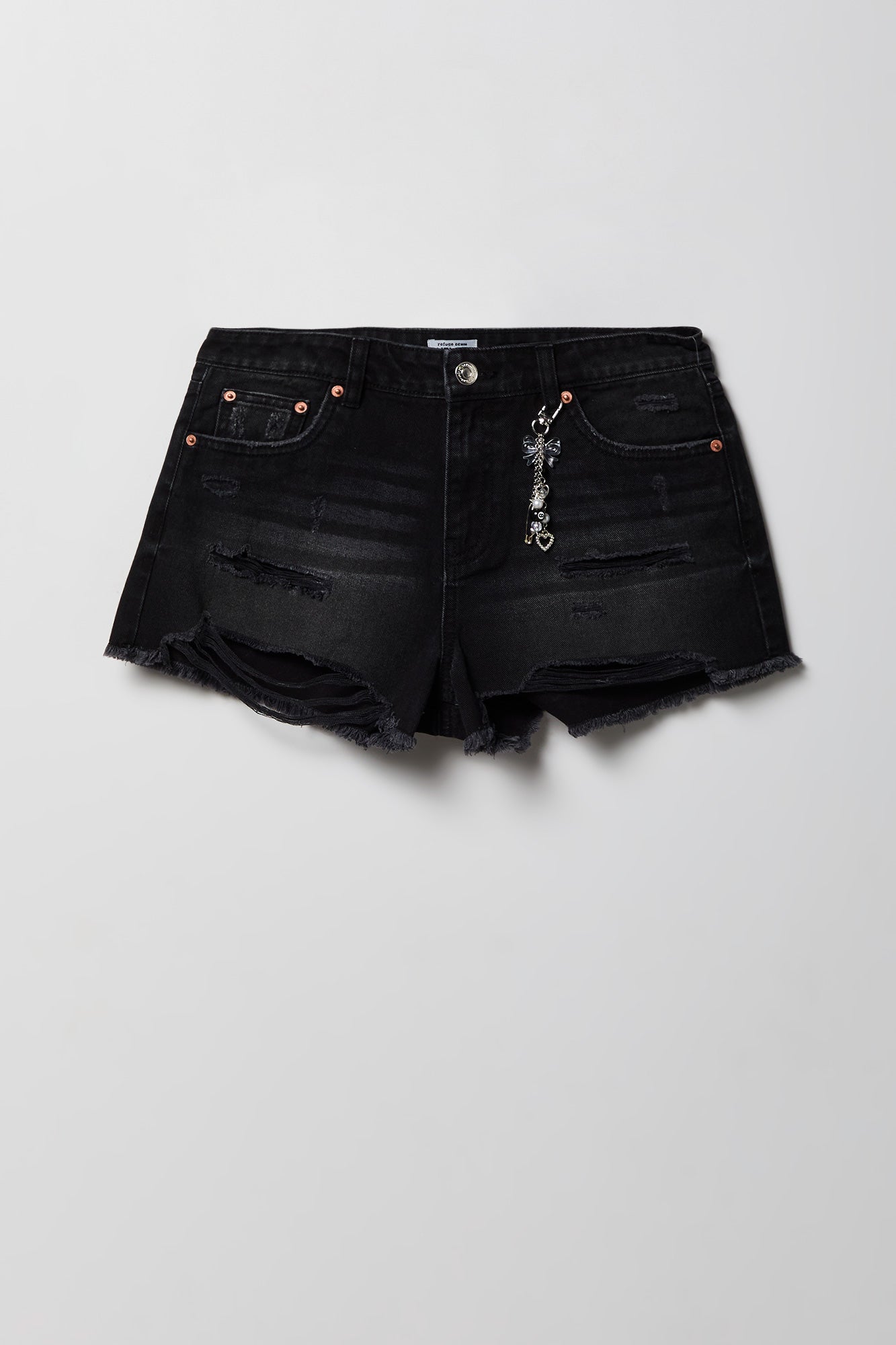 Ripped High Rise Black Denim Short With Keychain