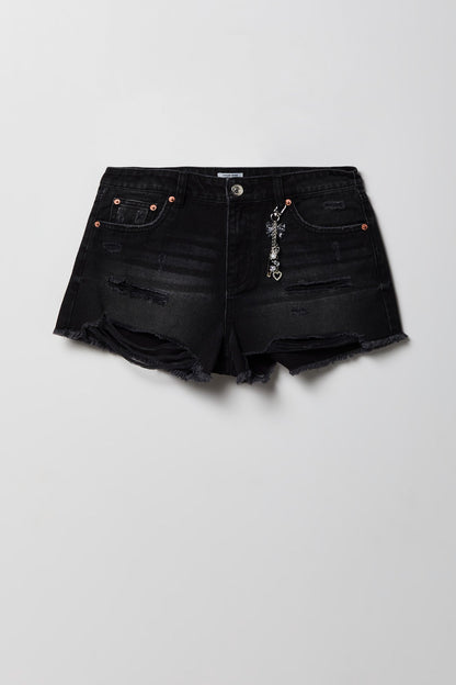 Ripped High Rise Black Denim Short With Keychain
