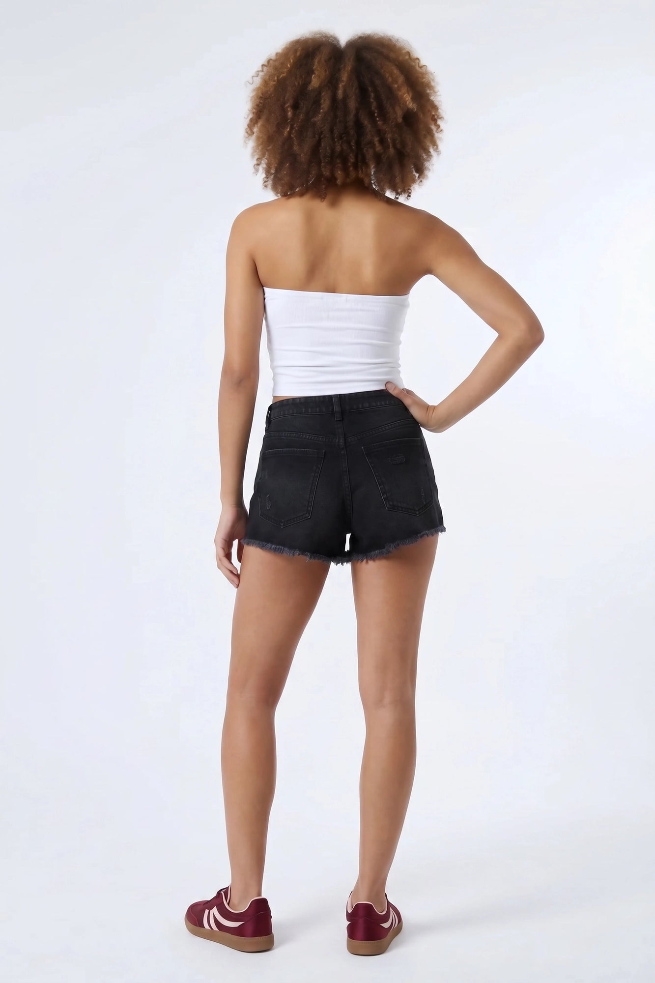 Ripped High Rise Black Denim Short With Keychain