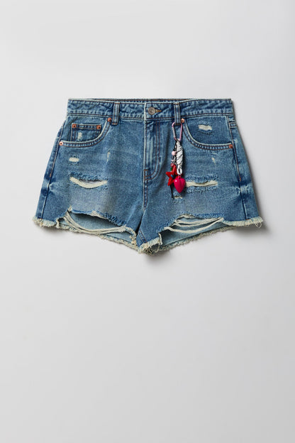 Ripped High Rise Medium Denim Short With Keychain