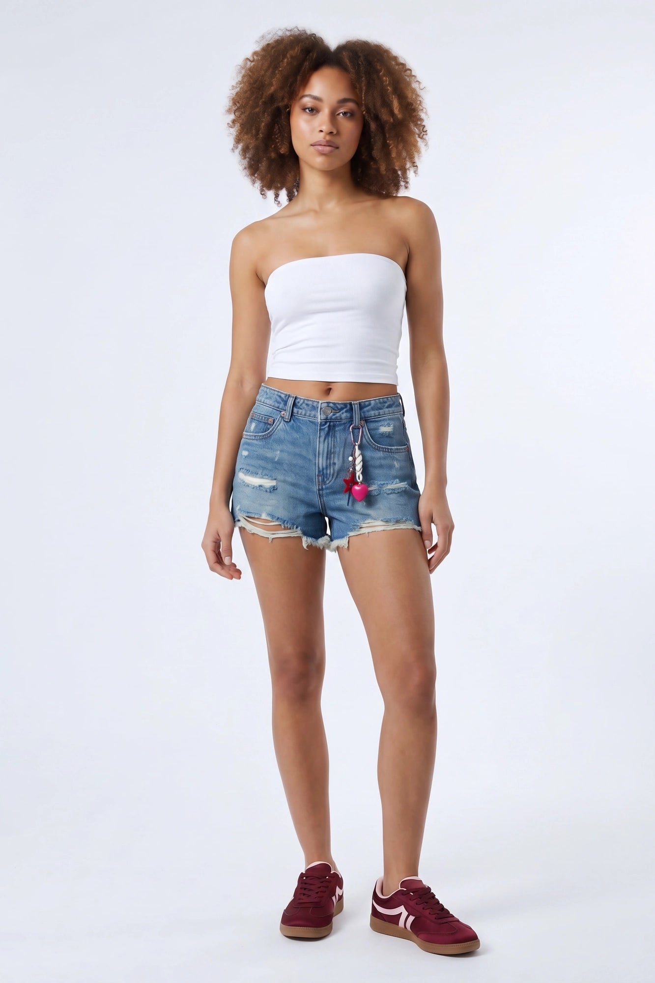 Ripped High Rise Medium Denim Short With Keychain