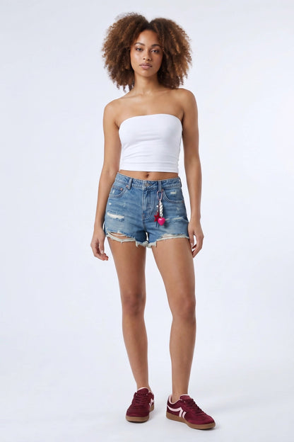 Ripped High Rise Medium Denim Short With Keychain