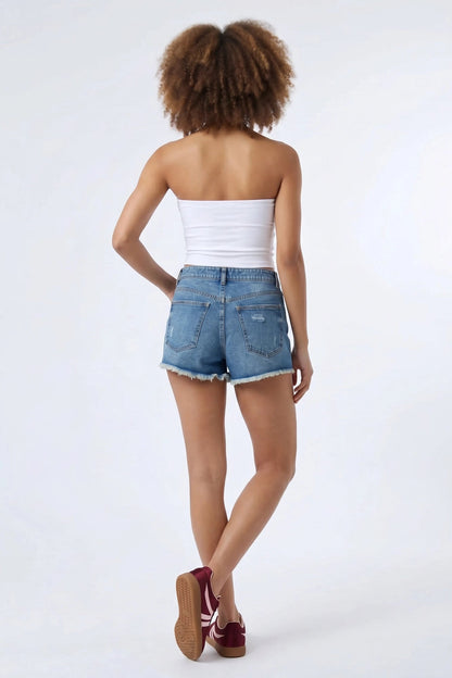 Ripped High Rise Medium Denim Short With Keychain