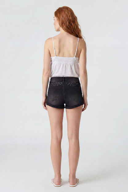 Miami High Rise Rhinestone Ripped Embroidered Denim Short
