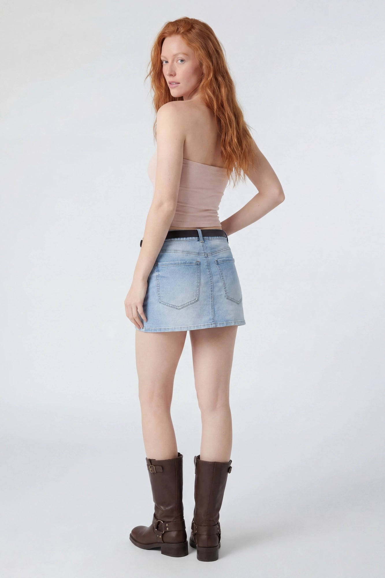 Stretch Denim Belted Mini Skort
