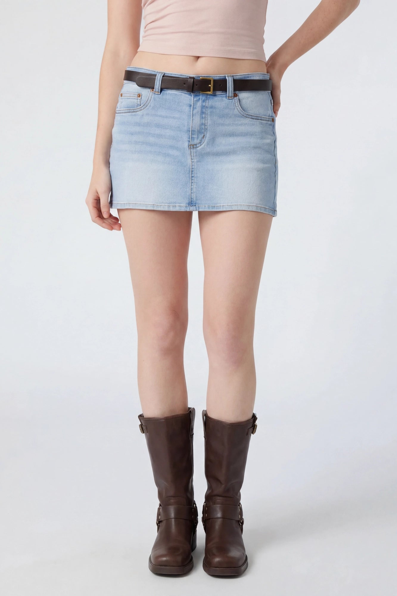 Stretch Denim Belted Mini Skort