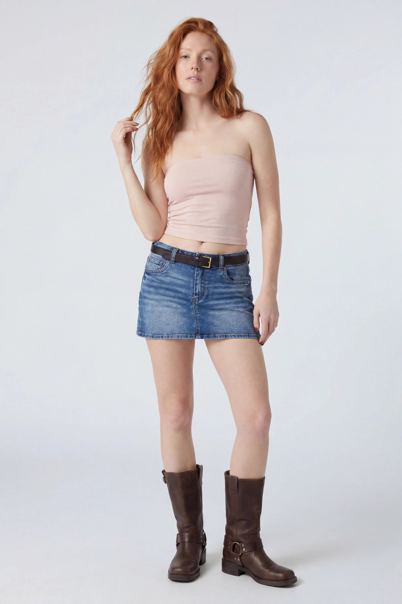 Stretch Denim Belted Mini Skort