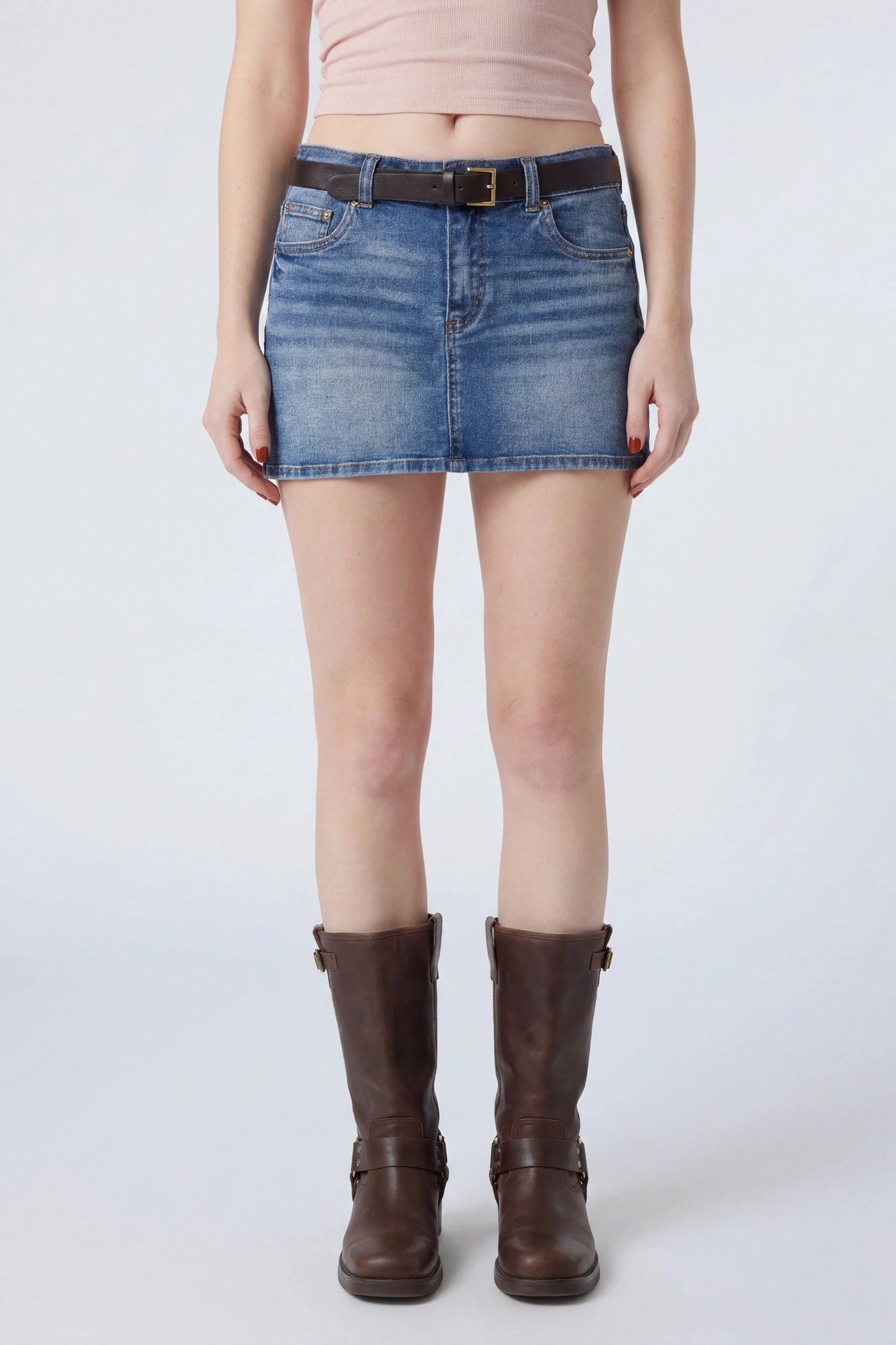 Stretch Denim Belted Mini Skort