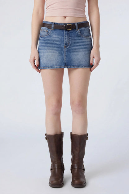 Stretch Denim Belted Mini Skort