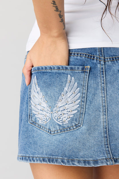 Low Rise Rhinestone Pocket Denim Skort