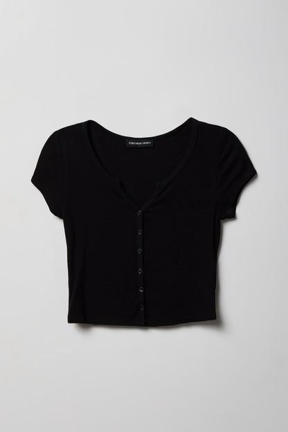 Ribbed Scoop Neck Button-Up Top