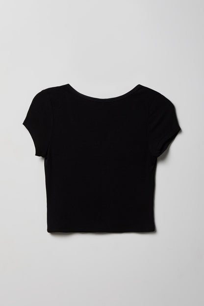 Ribbed Scoop Neck Button-Up Top