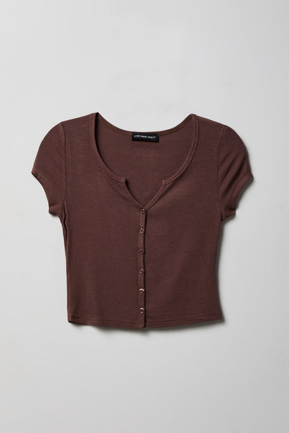 Ribbed Scoop Neck Button-Up Top